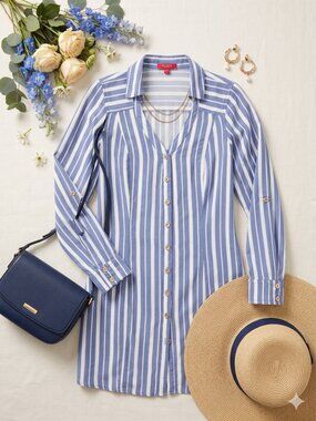 GUESS Blue and White Vertical Stripe Button-Down Dress
